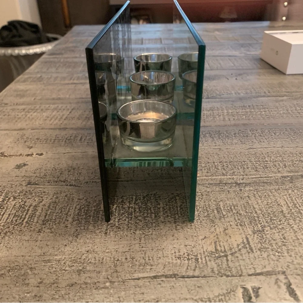 Mirror Chandelier 3 Tea-light Candle Holder Display, Black & Silver Glass, EUC